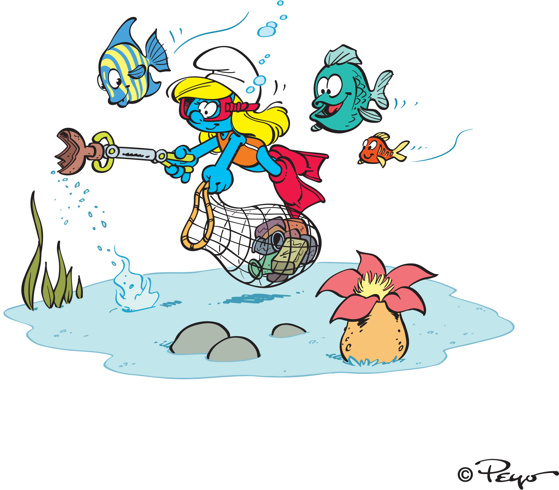 Color sketch featuring Smurfette swimming underwater with two fish and cleaning the litter.