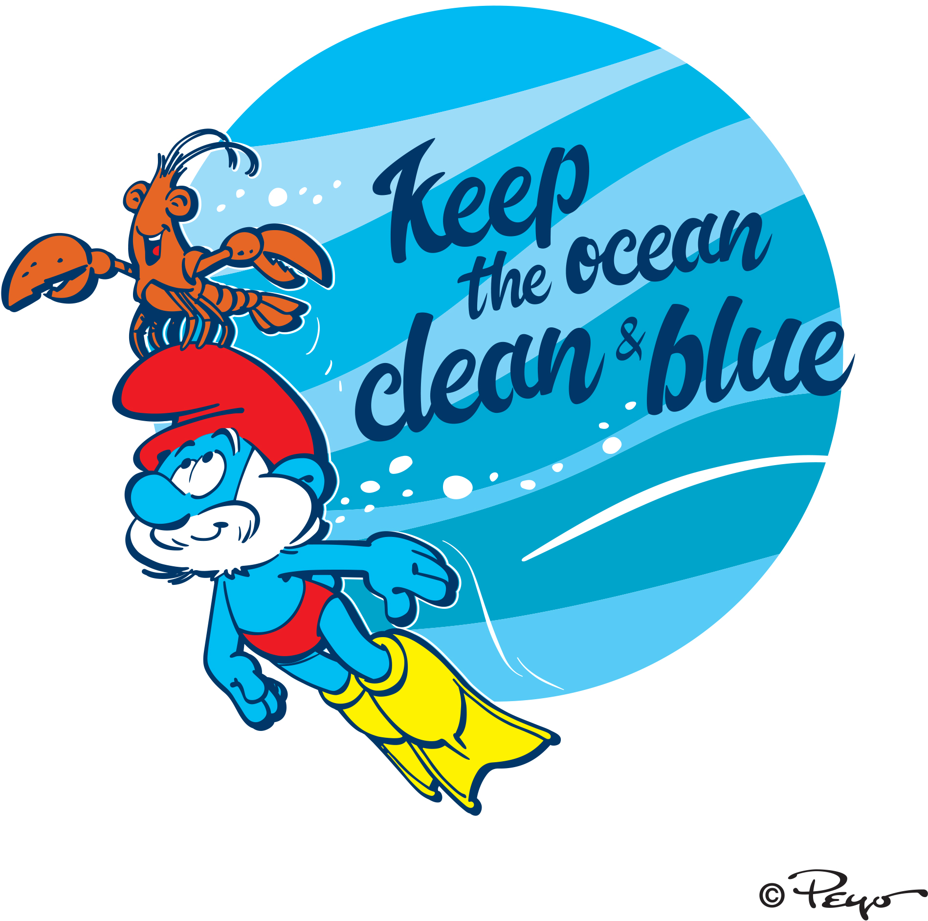 Color sketch with Papa-Smurf swimming in the sea along with a lobster.