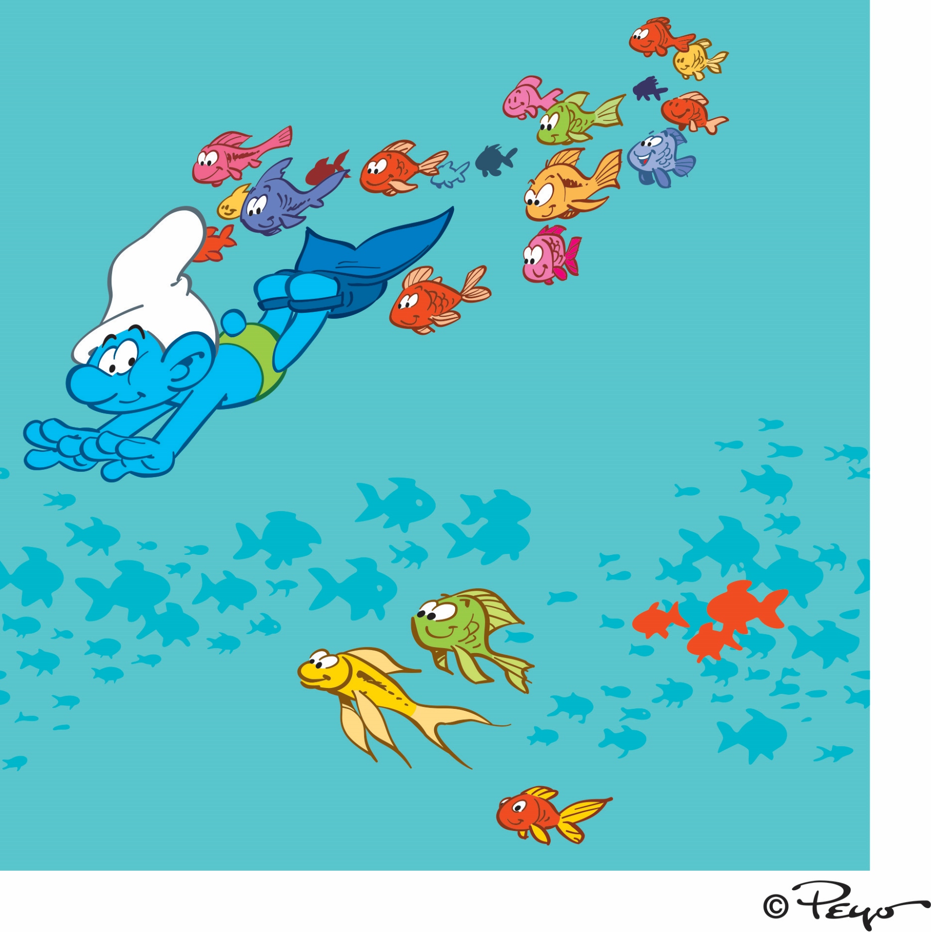 Color sketch of a Smurf swimming in the sea with many fish following.