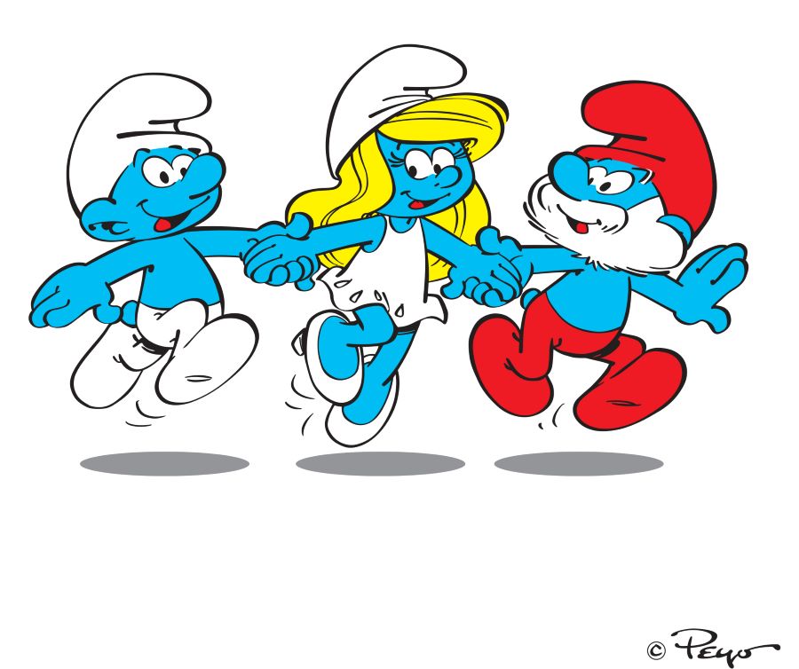 Color sketch of Smurfette strolling hand-in-hand with Papa-Smurf and another Smurf.